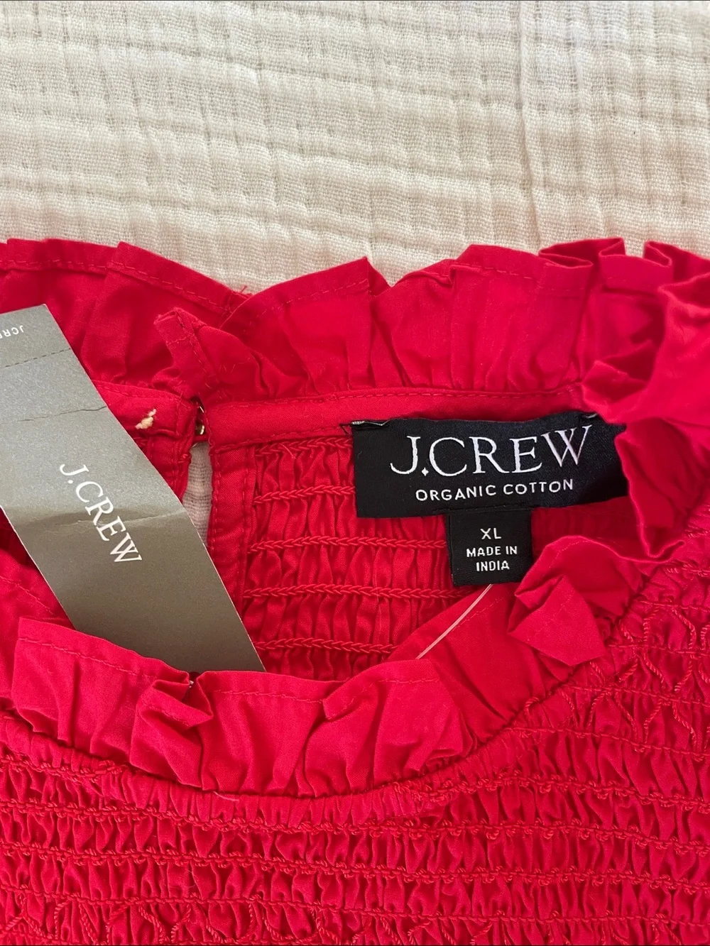 J. Crew Bright Red Smocked Ruffle-Neck Blouse size XL